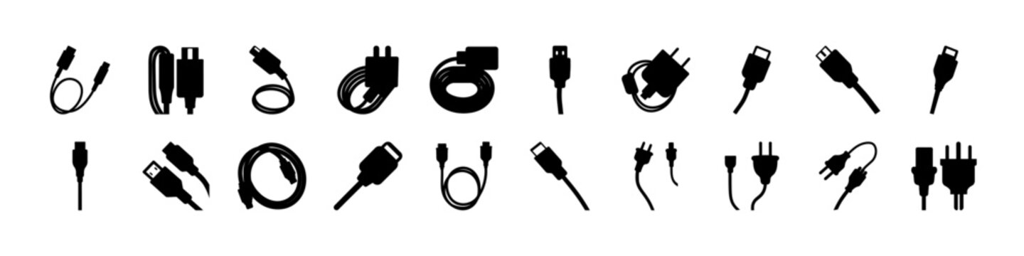 Black usb and headphone icons set in flat style - Minimalist collection of USB and headphone icons in black flat design, ideal for tech and electronics projects.