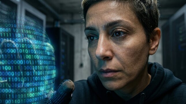 Woman hacker in dark server room analyzing binary code on futuristic holographic display