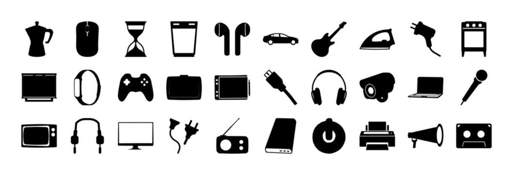 Flat icons set of modern everyday objects - Minimalist black and white flat icons depicting common household and electronic items for modern design projects.