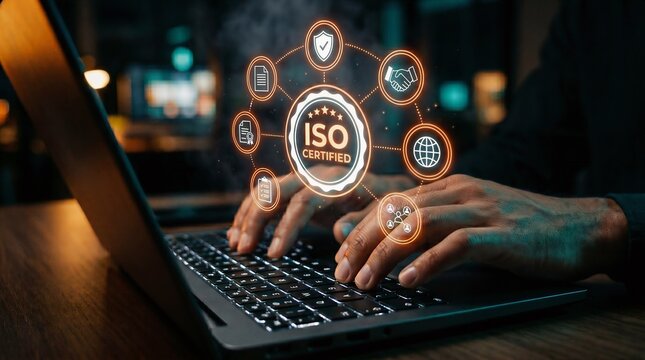 Laptop keyboard with user hands and holographic iso 9001 certification network overlay certification technology compliance standards hologram security business