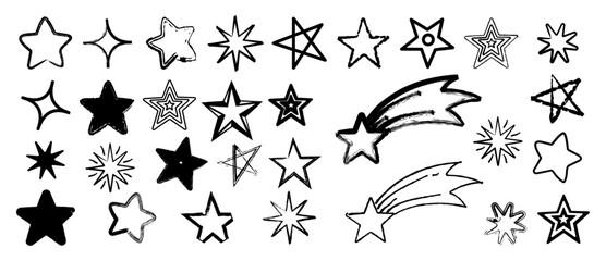Hand Drawn pencil Star Set. Brush stars, sparkle bursts, shooting stars and doodle vector icons © Lepe PNG