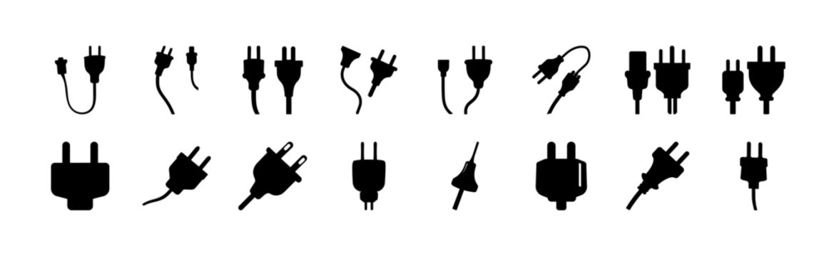 Set of diverse electrical plug icons in black - Collection of various international electrical plug designs illustrated as clean black icons, perfect for tech or travel-related projects.