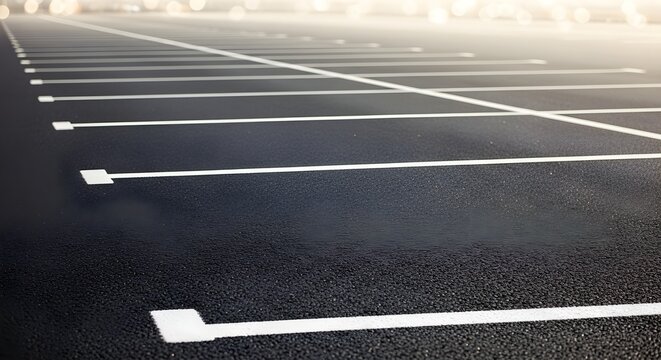 Empty Asphalt Parking Lot with White Painted Lines and Sunlight Perspective View