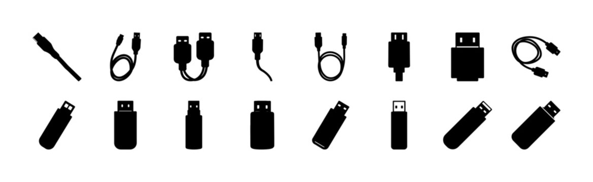 Assorted usb flash drive icons in black - Collection of stylized USB flash drive icons in black, showing various shapes and connectors for digital and tech projects.