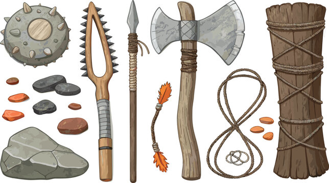 Prehistoric Stone Age Weapons and Tools Vector Set with Battle Axe, Spear, Mace, Wooden Shield, and Flint Rocks for History Graphic Designs