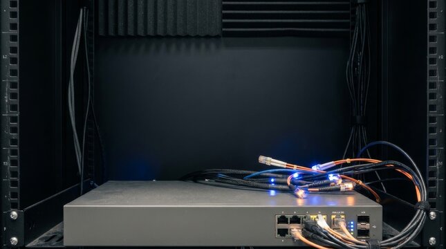 Close-up of network switch with fiber optic cables connected in a server rack