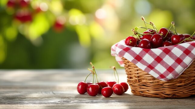 Freshly Harvested Red Cherries in Wicker Basket on a Wooden Table with Green Blurred Background and Red Checkered Cloth