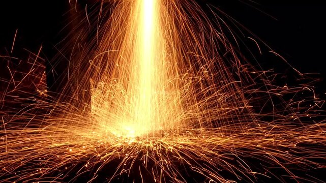 Bright yellow and orange fiery sparks showering down and scattering across a dark surface during an industrial metalworking process.