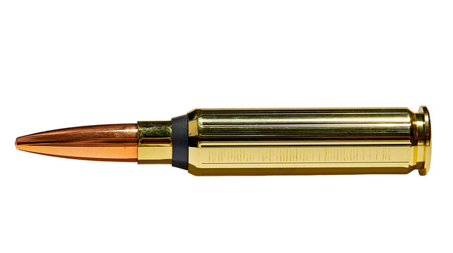 Shiny brass rifle cartridge with copper bullet, isolated on transparent background