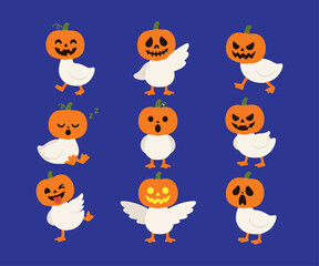Naklejka premium Funny Pumpkin Face Emoji Set Angry Happy Jack O Lantern Expressions Halloween Cartoon Icons