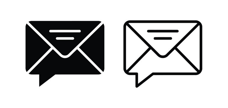 Black and white email envelope icon set with speech bubble for communication and messaging Vector