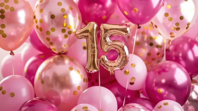 Elegant quincea&ntilde;era celebration with pink and gold balloons for a 15th birthday party. Horizontal banner. Copy space. Free space for text