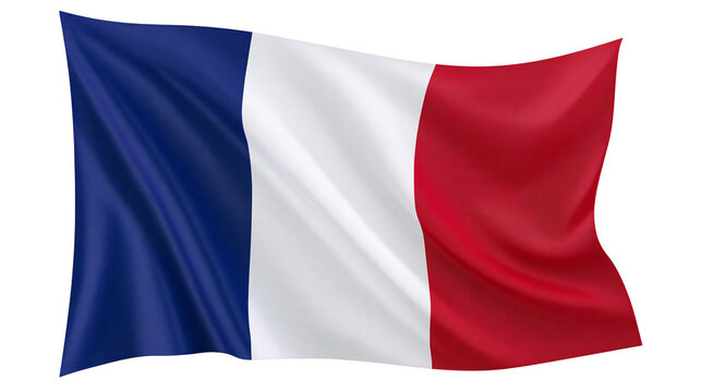Waving French tricolor flag blue white and red vertical stripes, isolated on transparent background