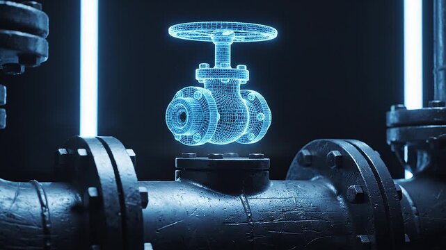 Futuristic animation of an industrial pipeline with a glowing blue wireframe hologram of a valve on a black background