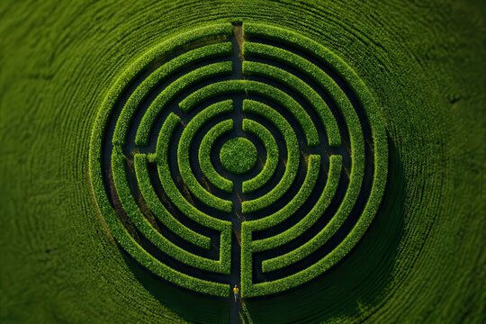 Aerial view of circular hedge maze in green field with geometric pattern