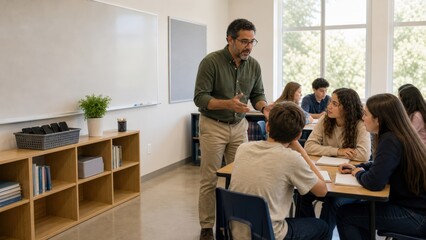 Obraz premium School Phone Ban Brazilian middle aged man inside classroom