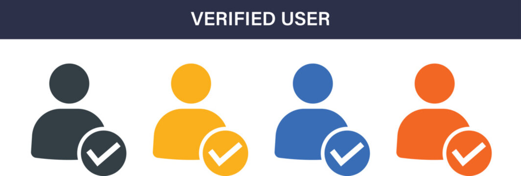 Verified user solid icon set. Identity verification, account security, authentication and user profile vector icons for UI, UX, app and web.