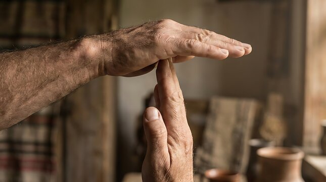 Person making a time out hand gesture in a rustic interior setting with a serious mood