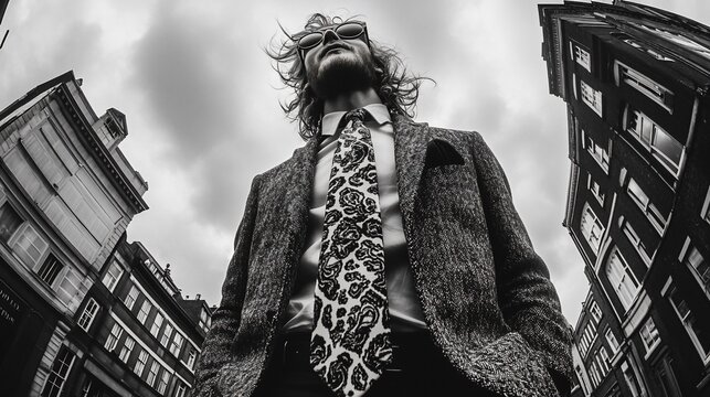 Urban portrait, low-angle view of a man in a patterned suit, looking upward against a backdrop of tall buildings
