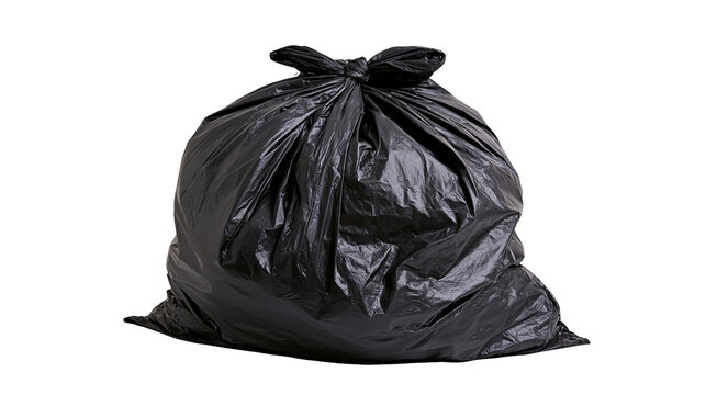 Full black garbage bag tied with a knot, isolated on transparent background