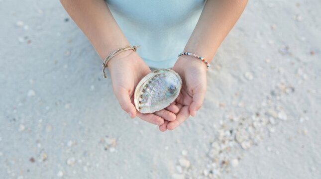 Hands holding iridescent abalone shell on sandy beach