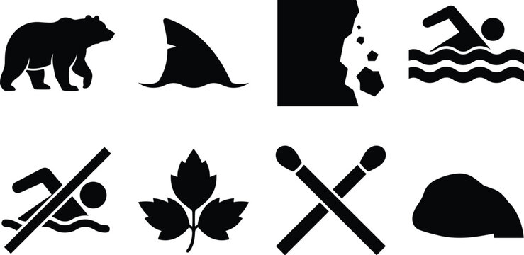 Black silhouette icons of outdoor wilderness hazards and nature warning signs on white background