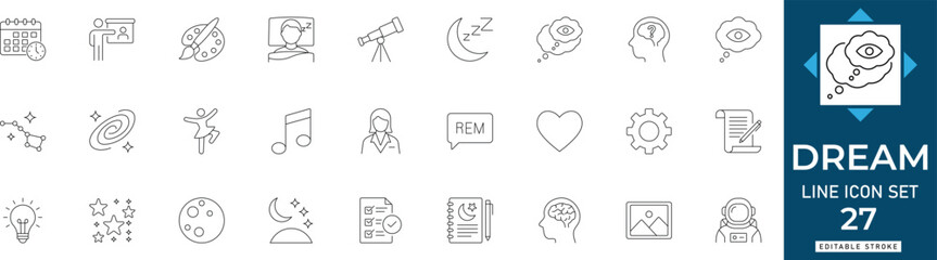 Dream line icon set featuring sleep, psychology, wellness, fantasy, subconscious, mind, and goal. Professional editable vector illustration for lifestyle app and UI UX design. © MdAzizar