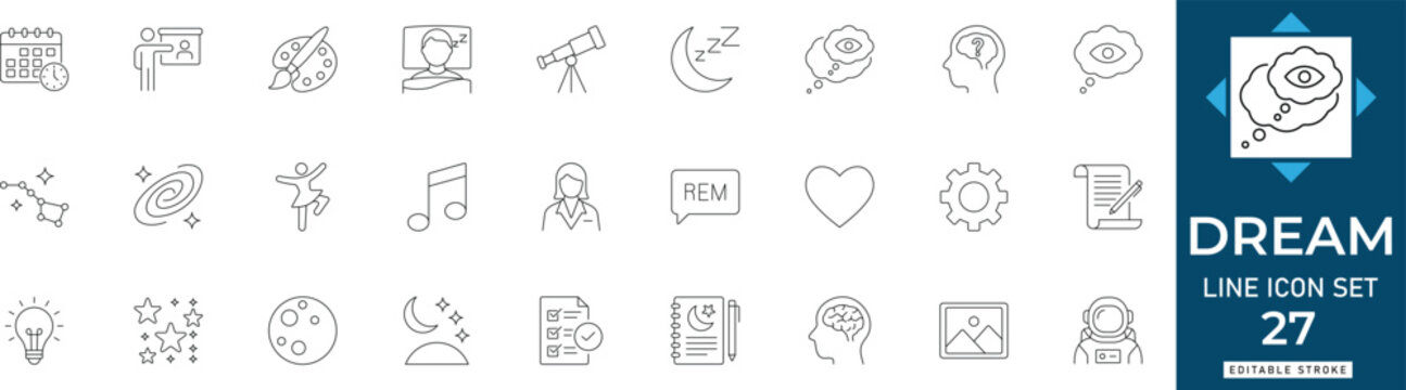 Dream line icon set featuring sleep, psychology, wellness, fantasy, subconscious, mind, and goal. Professional editable vector illustration for lifestyle app and UI UX design.