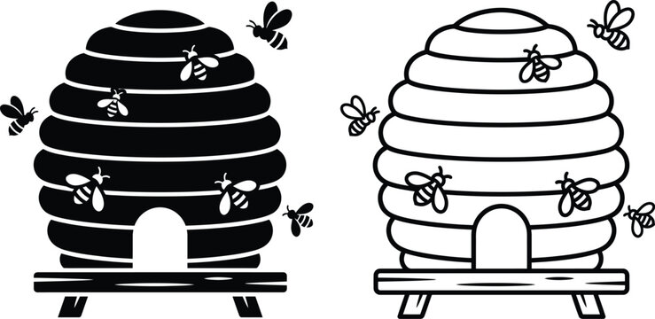 beehive silhouette outline with bees flying, vector icon design for nature and ecology
