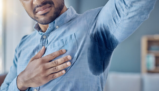 Man feeling embarrassed looking at a large wet sweat stain under his armpit on his shirt. for advertising deodorant, antiperspirant, hyperhidrosis solution, men's hygiene, heat, or health issues.