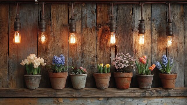 Several clay pots containing vibrant spring flowers sit beneath glowing vintage edison light bulbs against a rustic dark wooden wall