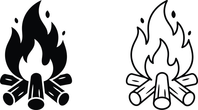campfire silhouette outline icon set with black flames and glowing log shapes for design