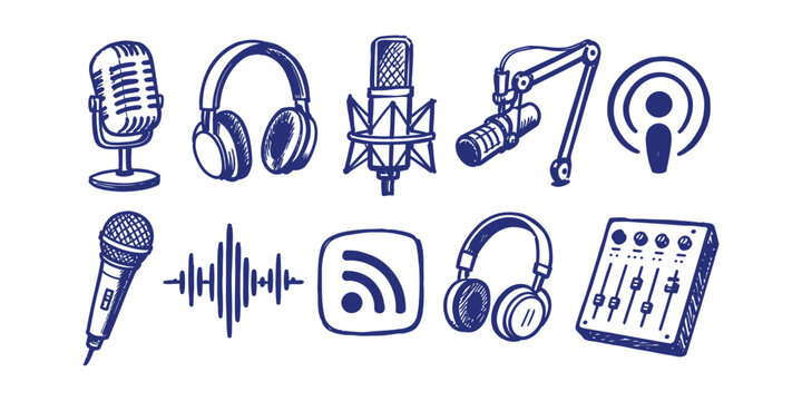 podcast equipment and radio broadcast audio recording studio doodle icon set vector illustration