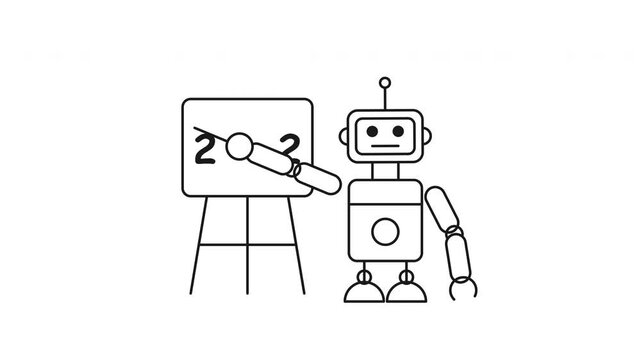2D Cartoon Style Robot Teacher Pointing at Math Equation on Whiteboard Animation