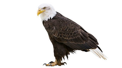 Fototapeta premium Majestic bald eagle with dark brown feathers and white head, isolated on transparent background
