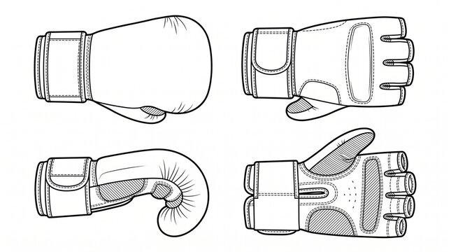 Boxing and MMA Gloves Set Vector Line Art Illustration