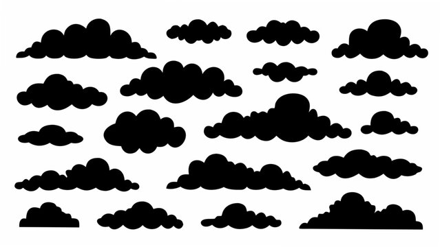 A collection of black cloud silhouettes arranged on a white background depicting various cloud formations atmospheric cloudscape