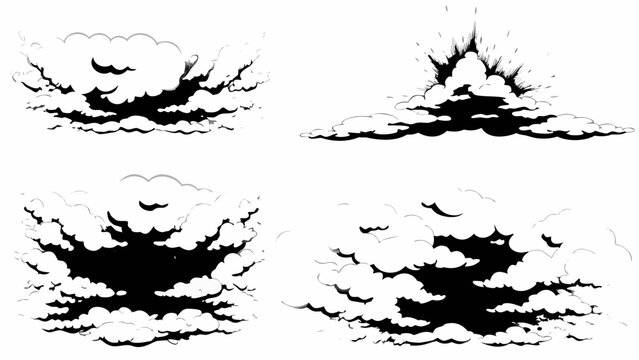 Four dramatic cloud formations depicted in a black and white vector illustration style clouds cloudscape cumulus cirrus