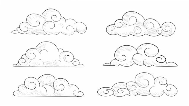 Six stylized cloud shapes rendered as a hand drawn vector illustration on a white background atmospheric celestial