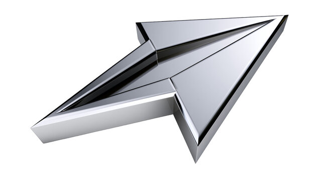 Polished chrome arrow cursor pointing right, isolated on transparent background