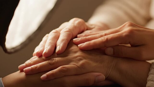Close-up of intergenerational hands gently touching with support