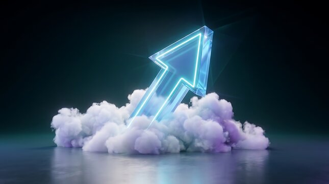 Glowing glass arrow rising upward through soft white clouds isolated on dark background representing business growth success progress technology innovation achievement and digital.
