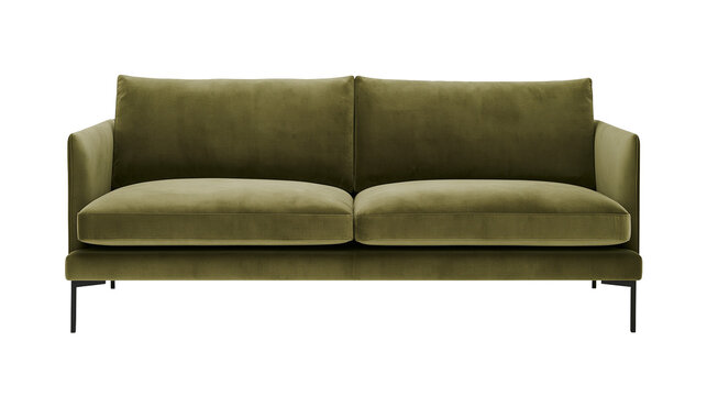 Olive green velvet sofa with thin black legs, isolated on transparent background