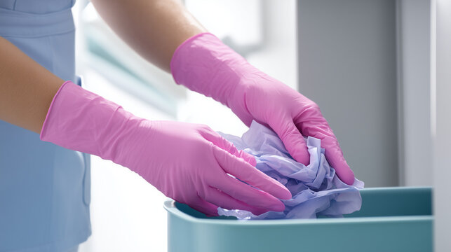 Healthcare worker wearing protective gloves disposing used medical wipes into a clinical waste container. Proper infection control, medical waste disposal and hospital hygiene procedures.