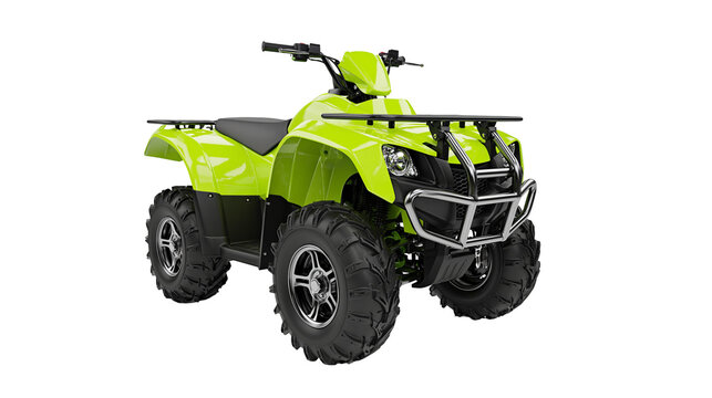 Bright green ATV quad bike with chrome bumper, isolated on transparent background