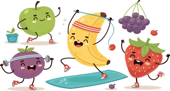 Cute Fruit Fitness Vector Character Set with Banana, Strawberry, Apple, and Mangosteen Exercising for Healthy Lifestyle and Gym Designs