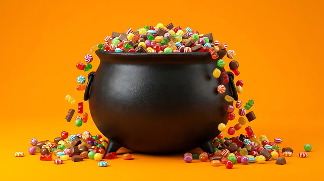 Halloween spooky black cauldron overflowing with colorful assorted candies and sweets on orange background