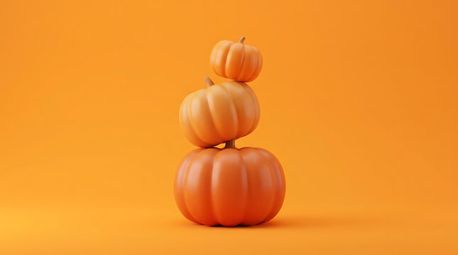 Halloween Orange Pumpkins Stacked Vertically On Solid Bright Background Minimalist Autumn Concept