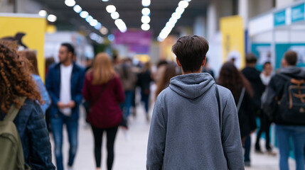 Fototapeta premium Blurred education fair with students walking between university stands searching academic opportunities