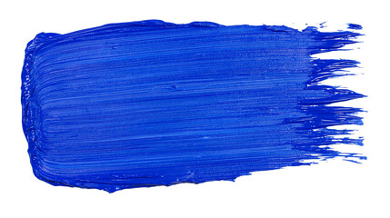 Thick vibrant blue acrylic paint stroke textured and streaky, isolated on transparent background